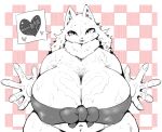  &lt;3 5_fingers anthro big_breasts breasts canid canine canis cleavage clothed clothing cocolog female fingers fur half-length_portrait huge_breasts licking licking_lips mammal navel nipple_outline pawpads pictographics portrait ribbons roko_(cocolog) solo thick_thighs tongue tongue_out topwear wide_hips wolf 