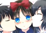  1girl 2boys alternate_hair_color blue_eyes blush bow brother_and_sister commentary_request double_cheek_kiss hair_bow kiss kissing_cheek lo_lis multiple_boys no_eyewear siblings signature tohno_akiha tohno_shiki tohno_shiki_(2) tsukihime 