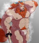  2023 5_fingers anthro asian_clothing asian_mythology beard biceps biped black_nose bodily_fluids body_hair chest_hair clothed clothing colored dendoro east_asian_clothing east_asian_mythology eyebrows eyes_closed facial_hair fingers foo_dog fundoshi fundoshi_only fur hair hi_res humanoid_hands japanese_clothing japanese_mythology komainu long_hair male mammal muscular muscular_anthro muscular_male muscular_thighs mythology navel nipples orange_beard orange_eyebrows orange_hair orange_pubes pecs pubes sdorica solo sweat tan_body tan_fur thick_eyebrows tied_hair toyokuni triceps underwear underwear_only white_clothing white_fundoshi white_underwear yokai 