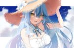  1girl :d ahoge blue_hair blue_sky breasts cleavage cleavage_cutout clothing_cutout cloud cloudy_sky commentary_request day flower hair_between_eyes hat hat_flower highres hololive large_breasts long_hair looking_at_viewer mashiro_io pointy_ears signature sky smile solo straw_hat sweat upper_body virtual_youtuber yellow_eyes yukihana_lamy 