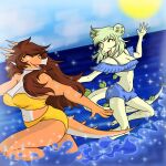  1:1 2023 anthro aquilops bikini blue_sky breasts brown_hair cleavage clothed clothing curvy_figure dakarosnagtria detailed_background digital_drawing_(artwork) digital_media_(artwork) dinosaur duo eyelashes eyes_closed female fingers goodbye_volcano_high green_body green_hair green_scales hair hi_res horn long_hair long_tail multicolored_body multicolored_scales navel open_mouth orange_body orange_scales ornithischian outside reptile rosa_(gvh) scales scalie sea sky small_waist smile snoot_game_(fan_game) spikes spikes_(anatomy) stegosaurian stegosaurus stella_(gvh) sun swimwear tail tan_body tan_scales thick_thighs thyreophoran tongue topwear tube_top two_tone_body two_tone_scales voluptuous water wide_hips 