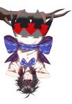  1girl arms_behind_head black_hair branch commentary dress highres horns kijin_seija multicolored_clothes multicolored_dress pointy_ears qnfkdwk21 red_eyes red_hair simple_background smile solo touhou trick_or_treat upside-down white_background white_dress 