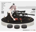  1girl bare_arms bare_shoulders black_dress black_footwear black_pantyhose bolt_action boots brown_hair bullet cheytac_m200 color_guide commentary_request commission dress from_side girls&#039;_frontline grey_background gun hair_between_eyes high_heel_boots high_heels highres hugging_own_legs knees_up looking_at_viewer looking_to_the_side m200_(girls&#039;_frontline) name_connection object_namesake pantyhose ponytail purple_eyes qr_code rabb_horn rifle scope simple_background sitting sleeveless sleeveless_dress sniper_rifle solo thank_you weapon 