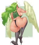  &lt;3 avian avian_feet big_breasts big_butt blue_clothing blue_panties blue_underwear blush breasts butt clothing european_mythology eyelashes feathered_wings feathers female genitals greek_mythology green_background green_body green_clothing green_feathers green_hair green_topwear grey_body grey_scales hair harpy hi_res huge_butt humanoid long_hair looking_at_viewer looking_back looking_back_at_viewer monet_(one_piece) musical_note mythological_avian mythology one_piece panties pussy pussy_floss rear_view scales side_boob simple_background solo tan_body tan_skin thick_thighs topwear underwear white_background wide_hips winged_arms winged_humanoid wings wyvernn yellow_eyes 
