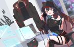  1girl :d belt black_hair black_headwear black_shirt breasts brown_eyes brown_hair chair clothes_hanger commentary computer crossed_legs gradient_hair headphones highres hinata_hikage holographic_interface indie_virtual_youtuber indoors jacket jacket_removed laptop microphone multicolored_hair nanahoshi_nana red_belt shirt shorts small_breasts smile solo tablet_pc twintails virtual_youtuber window 
