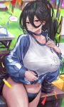  1girl :o absurdres black_choker black_hair black_panties blue_archive blush breasts choker commentary confetti gym_shirt gym_uniform hair_between_eyes hasumi_(blue_archive) hasumi_(track)_(blue_archive) highres huge_breasts jacket long_bangs looking_at_viewer mole mole_under_eye navel nuo_(fttv3255) panties partially_unzipped red_eyes shirt solo spoken_blush stomach track_jacket underwear 