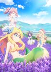  4girls ahoge artist_request bare_shoulders blonde_hair blue_eyes blue_shorts blush breasts closed_eyes closed_mouth drill_hair field flower flower_field green_eyes hair_ribbon hat highres jashin-chan jashin-chan_dropkick lamia large_breasts long_hair medusa_(jashin-chan_dropkick) monster_girl mountain multiple_girls navel non-web_source official_art open_mouth outdoors pink_hair pino_(jashin-chan_dropkick) poporon_(jashin-chan_dropkick) purple_hair ribbon short_hair shorts sky small_breasts smile source_request twintails 