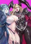  2girls absurdres aqua_hair armor asymmetrical_bangs black_armor black_bodysuit black_gloves blonde_hair blue_panties blue_shirt blue_thighhighs bodysuit braid breastplate breasts choker cleavage closed_eyes cropped_shirt curled_horns facial_mark fate/grand_order fate_(series) gloves gumi_(the_eye_of_darkness) hair_between_eyes hair_over_one_eye highleg highleg_panties highres horns jewelry large_breasts larva_tiamat_(fate) larva_tiamat_(third_ascension)_(fate) long_hair looking_at_viewer multiple_girls navel nero_claudius_(fate) open_mouth panties pauldrons pendant pink_eyes pointy_ears queen_draco_(fate) queen_draco_(third_ascension)_(fate) shirt shoulder_armor shrug_(clothing) sidelocks smile stomach_tattoo striped_sleeves symbol-shaped_pupils tail tattoo thighhighs thighs tiamat_(fate) underwear very_long_hair 