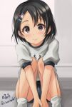  1girl black_eyes black_hair blue_buruma buruma commentary_request gym_uniform hair_ornament hairclip haruhata_mutsuki idolmaster idolmaster_cinderella_girls own_hands_together revision sasaki_chie shirt short_hair sitting smile socks solo v_arms white_shirt 