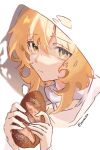  1girl blonde_hair bread closed_mouth cropped_shoulders expressionless food genshin_impact highres holding holding_food hood hood_up leonie28 looking_at_viewer lumine_(genshin_impact) solo twitter_username yellow_eyes 