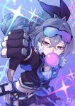  1girl absurdres black_gloves black_shorts bubble_blowing chewing_gum commentary cowboy_shot cropped_jacket crossed_bangs drill_ponytail english_commentary eyewear_on_head fingerless_gloves fur-trimmed_jacket fur_trim gloves grey_eyes grey_hair hair_between_eyes highres honkai:_star_rail honkai_(series) jacket long_hair looking_at_viewer midriff_peek open_clothes open_jacket purple-tinted_eyewear shirt shorts silver_wolf_(honkai:_star_rail) single-shoulder_shirt single_drill solo thumbs_down tinted_eyewear twitter_username watermark y_(user_kjgm5733) 