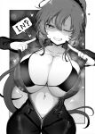  1girl ;d bodysuit bra breasts character_request cleavage commentary_request cool-kyou_shinja copyright_request greyscale heart highres huge_breasts long_hair looking_at_viewer monochrome navel one_eye_closed partially_unzipped ponytail smile solo speech_bubble underwear 