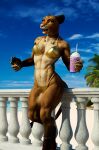  3d_(artwork) abs anthro athletic balcony beach bikini cellphone choker claws clothing digital_media_(artwork) earbuds felid female fur headphones hi_res jewelry jorie_(thirteeenth) lion mammal meme multicolored_body multicolored_fur muscular muscular_female necklace orange_eyes pantherine phone pinup pose seaside shake smartphone solo solo_focus sunny swimwear thirteeenth two_tone_body two_tone_fur 