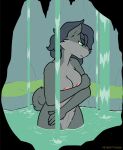  anthro bathing black_hair canid canine canis cave curled_tail fur green_eyes grey_body grey_fur gynomorph hair hi_res intersex mammal multi_nipple multicolored_body multicolored_fur nipples nude partially_submerged petsoftthings_(artist) short_hair solo tail tanya_oxclaw trans_(lore) trans_woman_(lore) two_tone_body two_tone_fur water wolf 