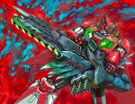  arm_blade biomechanical blade chainsaw chainsword drill getter-1 getter_robo highres holding holding_chainsaw holding_weapon mecha oekaki red_armor red_background robot sharp_teeth spikes super_robot teeth weapon yamanushi yellow_eyes 