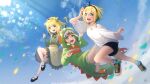  3girls :d absurdres acrylicstroke amano_pikamee apron arm_up bare_shoulders black_footwear black_hairband black_shorts blonde_hair blue_sky bobby_socks breasts brown_apron cloud commentary day dinosaur_costume double_bun english_commentary frilled_skirt frilled_sleeves frills green_eyes green_hair green_nails green_shirt green_skirt hair_between_eyes hair_bun hairband highres long_sleeves looking_at_viewer midair multicolored_hair multiple_girls multiple_persona nail_polish off-shoulder_shirt off_shoulder orange_footwear outdoors sharp_teeth shirt shoes short_shorts shorts signature skirt sky sleeves_past_wrists slippers small_breasts smile socks spikes teeth two-tone_hair virtual_youtuber voms white_shirt white_socks 
