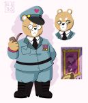  2023 anthro background_character bear bottomwear clothing eyewear glasses hat headgear headwear hi_res male mammal necktie overweight overweight_male pants shirt solo topwear unic0rntears unicorn_wars 