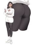  1girl absurdres alios_arvin ass brown_hair cleavage_cutout clothing_cutout dark-skinned_female dark_skin hair_over_one_eye highres leggings multiple_views original phone shoes sneakers socks socks_over_pants sweater turtleneck turtleneck_sweater white_socks white_sweater wireless_earphones 