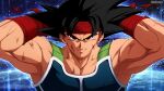  1boy absurdres adjusting_clothes armor armpits bardock black_eyes black_hair broonoart commentary_request cross_scar dragon_ball dragon_ball_z headband highres male_focus muscular muscular_male planet portrait red_headband scar scar_on_cheek scar_on_face serious signature solo 