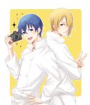  2boys blonde_hair blue_eyes blue_hair buttons camera chef double-breasted expressionless hair_over_one_eye highres holding holding_camera long_sleeves looking_at_viewer looking_back male_focus multiple_boys open_mouth sakunagita satou_jun short_hair smile souma_hiroomi sparkle uniform upper_body v working!! yellow_background yellow_eyes 