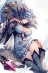  1girl blue_dress blue_hair breasts cleavage dress genyaky granblue_fantasy hair_between_eyes highres large_breasts looking_at_viewer macula_marius open_mouth pink_eyes short_dress short_hair snowflakes solo thighs tiara wide_sleeves 