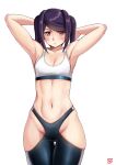  1girl armpits arms_behind_head arms_up black_leggings breasts double_vertical_stripe finalcake highres hip_vent jill_stingray leggings long_hair looking_at_viewer navel purple_hair red_eyes sidelocks small_breasts solo sports_bra twintails va-11_hall-a white_sports_bra 