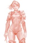  1girl arm_guards armor ass_visible_through_thighs bikini bikini_armor breasts cleavage closed_mouth gloves highres legs_apart midriff minamoto80486 monochrome navel red_theme short_hair shoulder_armor simple_background small_breasts smile solo split_mouth standing swimsuit underboob white_background wizardry 