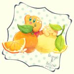  :d ^_^ arm_up artist_name blue_eyes blush blush_stickers closed_eyes commentary flower food fruit kirby kirby_(series) kotori_(lycka) leaf lemon lemon_slice no_humans open_mouth orange_(fruit) orange_slice polka_dot polka_dot_background simple_background smile symbol-only_commentary twitter_username white_background white_flower 