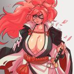  1girl absurdres artist_name baiken breasts cleavage eyepatch falling_petals guilty_gear guilty_gear_strive highres holding holding_sword holding_weapon huge_breasts japanese_clothes log_dog long_hair looking_at_viewer petals pink_eyes pink_hair scar scar_across_eye solo sword weapon 