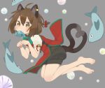  1girl ahoge animal_ear_fluff animal_ears barefoot bell black_shorts blush bow bowtie braid brown_eyes brown_hair cat_ears cat_tail chen citrus_(place) dress earrings fish food_in_mouth french_braid full_body green_bow green_bowtie green_trim grey_background heart heart_tail jewelry jingle_bell legs mouth_hold multiple_tails nekomata no_headwear paw_pose petite red_dress short_hair shorts simple_background single_earring solo tail toes touhou two_tails 