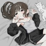  1girl :&lt; absurdres bed_sheet black_eyes black_jacket black_shorts blush breasts brown_hair cat closed_mouth commission grey_camisole hair_spread_out highres jacket kunoichi_kazuhito_(kuno_kazu) long_hair long_sleeves looking_at_viewer lying on_back open_clothes open_jacket original shirt_tucked_in shorts skeb_commission small_breasts solo 