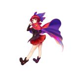  1girl black_footwear black_shirt boots bow cape cloak closed_mouth full_body game_cg hair_bow highres long_sleeves looking_at_viewer red_cape red_eyes red_hair red_skirt rotte_(1109) sekibanki shirt simple_background skirt solo third-party_source touhou white_background 