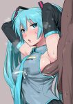  1boy 1girl absurdres armpits arms_behind_head blue_eyes blue_hair blue_necktie blush breasts collared_shirt cum cum_in_clothes cum_through_clothes dark-skinned_male dark_skin ejaculation hatsune_miku hetero highres keiichi_r18 long_hair looking_at_another medium_breasts necktie open_mouth penis penis_to_breast penis_under_another&#039;s_clothes shirt simple_background sleeveless sleeveless_shirt solo_focus sweat testicles twintails vocaloid 