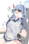  1girl absurdres ako_(blue_archive) alreadyusedpai asmr black_mask blood blue_archive blue_hair blue_shirt blush breath chair commentary_request earphones eye_mask hair_ribbon hairband halo highres hina_(blue_archive) nosebleed open_mouth ribbon saliva shirt short_sleeves simple_background sitting sketch solo sweat t-shirt translation_request white_background 