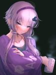  1girl absurdres alternate_costume at2. blush collar crossed_arms cup hairband hand_on_own_arm highres holding holding_cup purple_eyes purple_hair short_hair_with_long_locks sideways_glance solo steam sweater upper_body voiceroid yuzuki_yukari 