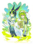  1boy 1girl absurdres animal_ears black_hair coat collei_(genshin_impact) collei_(kiehls&#039;)_(genshin_impact) corked_bottle eyewear_on_head flask fox_boy fox_ears genshin_impact gloves green_eyes green_hair green_theme grey_hood grey_jacket hair_ornament highres holding holding_magnifying_glass holding_test_tube hood hood_down jacket lab_coat leaf_hair_ornament light_green_hair long_hair long_sleeves looking_at_viewer magnifying_glass n0kio official_alternate_costume purple_eyes round-bottom_flask scientist short_hair smile test_tube tighnari_(genshin_impact) tighnari_(kiehls&#039;)_(genshin_impact) wavy_hair white_coat white_gloves 