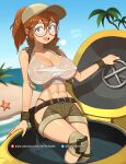  1girl abs barleyshake baseball_cap beach belt blue_sky breasts brown_hair cleavage covered_nipples fio_germi glasses hat highres island metal_slug navel ocean open_mouth palm_tree ponytail round_eyewear shorts sky sleeveless solo starfish tank_top tree wet wet_clothes 