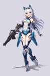  1girl absurdres assault_rifle barcode barcode_tattoo bare_shoulders blue_eyes blush breasts full_body gun hairband high_heels highres joints long_hair mecha_musume megakaka open_mouth original rifle robot_joints smile solo tattoo trigger_discipline very_long_hair weapon white_hair 