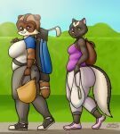  anthro anthrofied backpack big_breasts big_butt black_body black_fur breasts brown_body brown_fur butt clothed clothing crossgender digital_media_(artwork) dreamworks duo female fur golf_bag golf_club hi_res looking_at_viewer mammal mephitid outside over_the_hedge oystercatcher7 procyonid raccoon rj_(over_the_hedge) shirt simple_background skunk stella_(over_the_hedge) thick_thighs topwear 