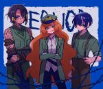  1girl 2boys barbed_wire black_eyes black_hair braid brown_hair coat collared_shirt commentary english_commentary full-body_tattoo gloves green_coat green_eyes green_skirt harpoon hat heathcliff_(project_moon) highres ishmael_(project_moon) knot limbus_company long_hair military_hat multiple_boys open_clothes open_coat orange_hair peaked_cap pmchell_04 project_moon prosthesis prosthetic_arm purple_eyes rope scar scar_on_cheek scar_on_face shirt short_hair skirt suspenders tattoo wavy_hair white_gloves white_shirt yi_sang_(project_moon) 