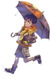  1boy alternate_costume boots bright_pupils closed_mouth commentary_request dark-skinned_male dark_skin from_side highres holding holding_pokemon holding_umbrella hood hood_down hop_(pokemon) komame_(st_beans) leg_up male_focus orange_umbrella pincurchin pokemon pokemon_(creature) pokemon_(game) pokemon_swsh purple_hair short_hair shorts smile tassel umbrella white_background white_pupils yellow_eyes 