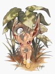  animal_focus brown_eyes commentary_request highres kuchiba_(jret2454) leaf leafeon looking_at_viewer no_humans pokemon pokemon_(creature) signature solo standing toes white_background 