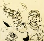  2023 absurd_res anthro avian beak bird card cheek_tuft clothed clothing facial_tuft friends_vs_friends gun hat headgear headwear hi_res holding_gun holding_object holding_weapon inktober inktober_2023 ranged_weapon signature solo theblueberrycarrots traditional_media_(artwork) tuft weapon 