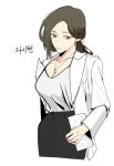  1girl beautiful_gunbari brown_hair clutch cropped_legs grey_eyes hdisis999 highres jewelry long_sleeves necklace shirt simple_background sketch solo standing white_background white_shirt 