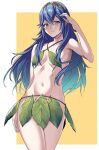  1girl alternate_costume ameno_(a_meno0) bikini blue_eyes blue_hair breasts cowboy_shot fire_emblem fire_emblem_awakening hair_between_eyes leaf leaf_bikini long_hair looking_at_viewer lucina_(fire_emblem) navel simple_background small_breasts smile solo swimsuit symbol_in_eye tiara 