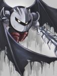  1boy absurdres commentary_request dark_meta_knight flying glaring highres holding holding_sword holding_weapon kirby_(series) looking_at_viewer male_focus mask red_footwear simple_background solo sword user_tjwf7547 weapon wings yellow_eyes 