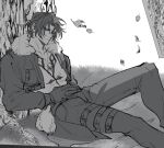  1boy chain_necklace closed_mouth cropped_jacket falling_leaves feet_out_of_frame final_fantasy final_fantasy_viii gloves grass greyscale hair_between_eyes jewelry leaf long_sleeves male_focus monochrome necklace outdoors pants parted_bangs scar scar_on_face scar_on_forehead shio_ga shirt short_hair sitting sketch solo squall_leonhart thigh_strap tree under_tree white_shirt 