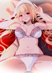  1girl absurdres azur_lane blonde_hair bra breasts cleavage coif cowboy_shot cross highres kersaint_(azur_lane) lace-trimmed_bra lace-trimmed_panties lace_trim large_breasts lingerie long_hair looking_at_viewer lying nun on_back on_bed origami_aya panties red_eyes red_trim spread_legs strapless strapless_bra underwear underwear_only v white_bra white_panties 