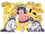  2023 animal_humanoid arai-san biped black_eyes black_nose blush clothed clothing feral fur grey_body grey_fur group hi_res humanoid japanese_text kemono_friends mammal mammal_humanoid procyonid procyonid_humanoid raccoon raccoon_humanoid simple_background sitting text umikazenet3 young 