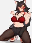  1girl animal_ear_fluff animal_ears black_choker black_hair black_pantyhose black_shorts bra breasts choker claw_pose closed_mouth glasses hair_ornament hairclip highres hololive large_breasts long_hair looking_at_viewer multicolored_hair ookami_mio pantyhose red_bra red_hair red_nails shoes short_shorts shorts simple_background smile solo squatting streaked_hair tail underwear varniskarnis very_long_hair virtual_youtuber white_background white_footwear wolf_ears wolf_tail 